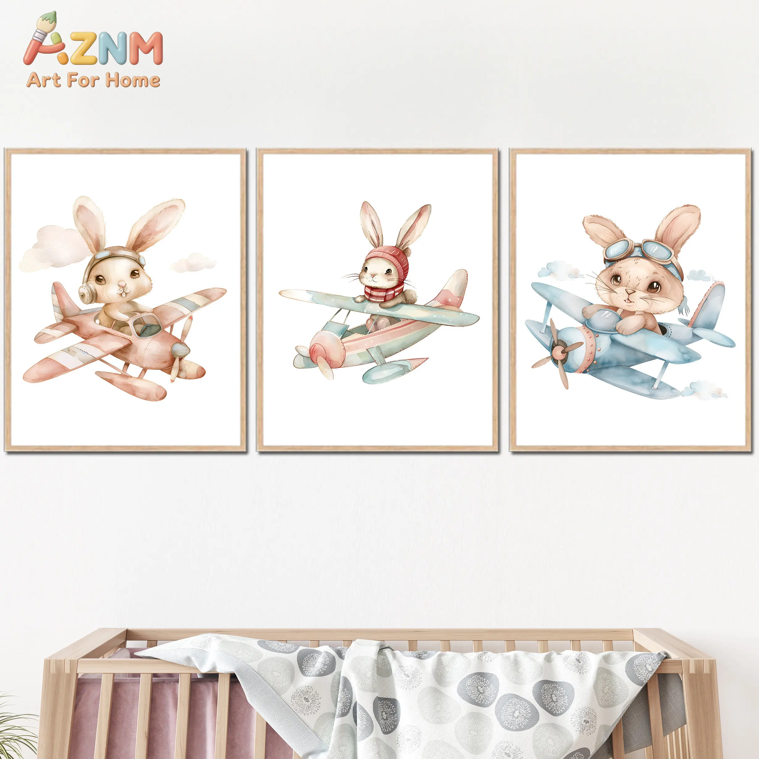 3PCS Watercolor Bunny Airplane Canvas Wall Art, Cute Rabbit Pilot Print Posters, Pastel Nursery No Frame Home Decor Paintings fo