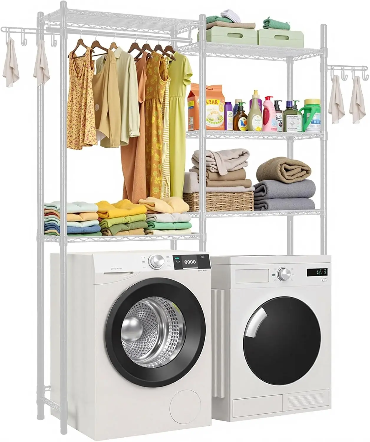 

5-Tier Adjustable Laundry Drying Rack with Hanger Rod and Hooks, Space-Saving Over Washer and Dryer Storage Shelf in White