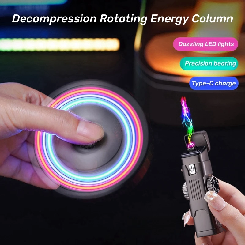 Windproof Double Arc Lighter Rotating Energy Column LED Colored Light Press Ignition Lighter TYPE-C Charging Cigarette Igniter