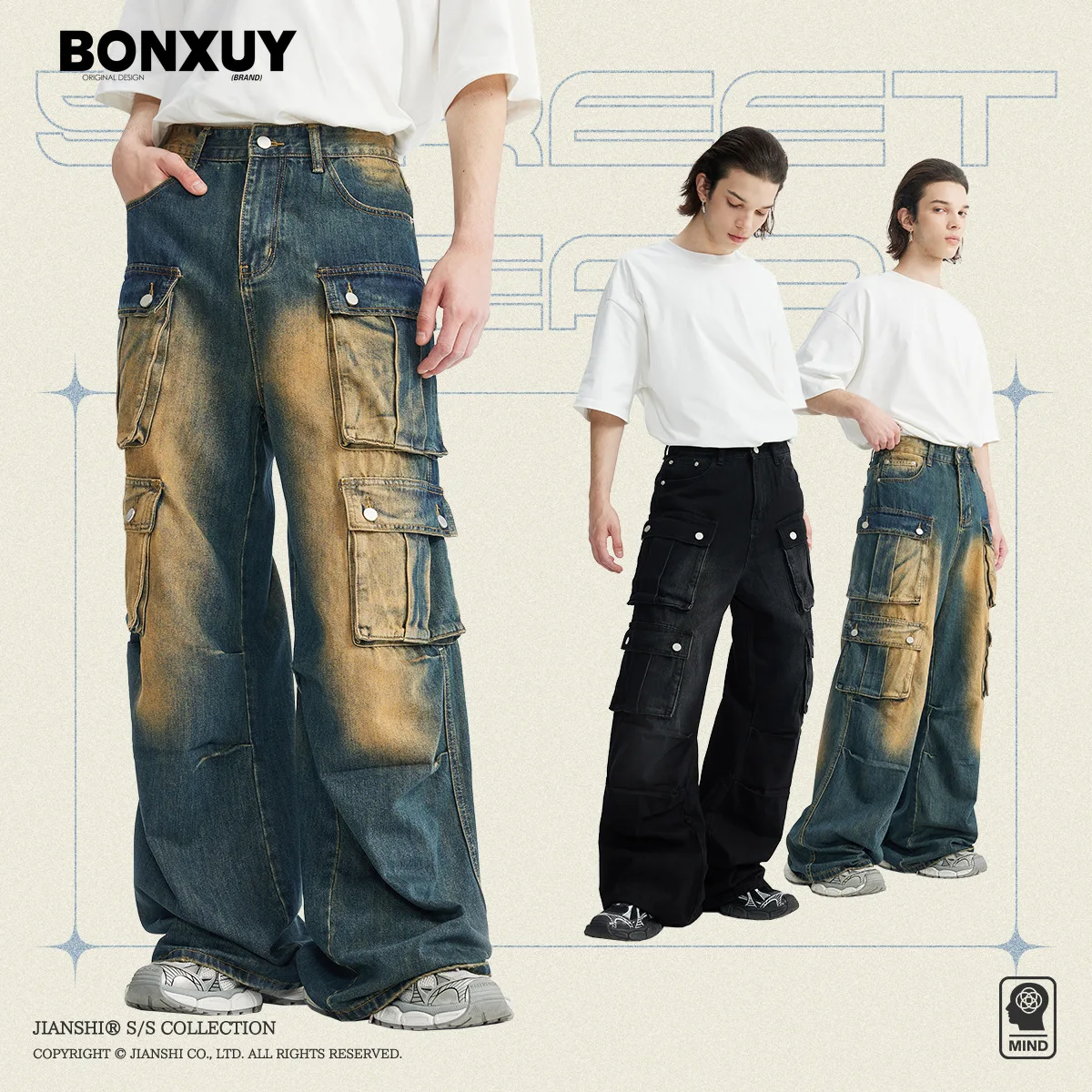 

BONXUY American workwear jeans for men, retro washed, distressed, multi-pocket, loose, hip-hop, floor-length wide-leg pants