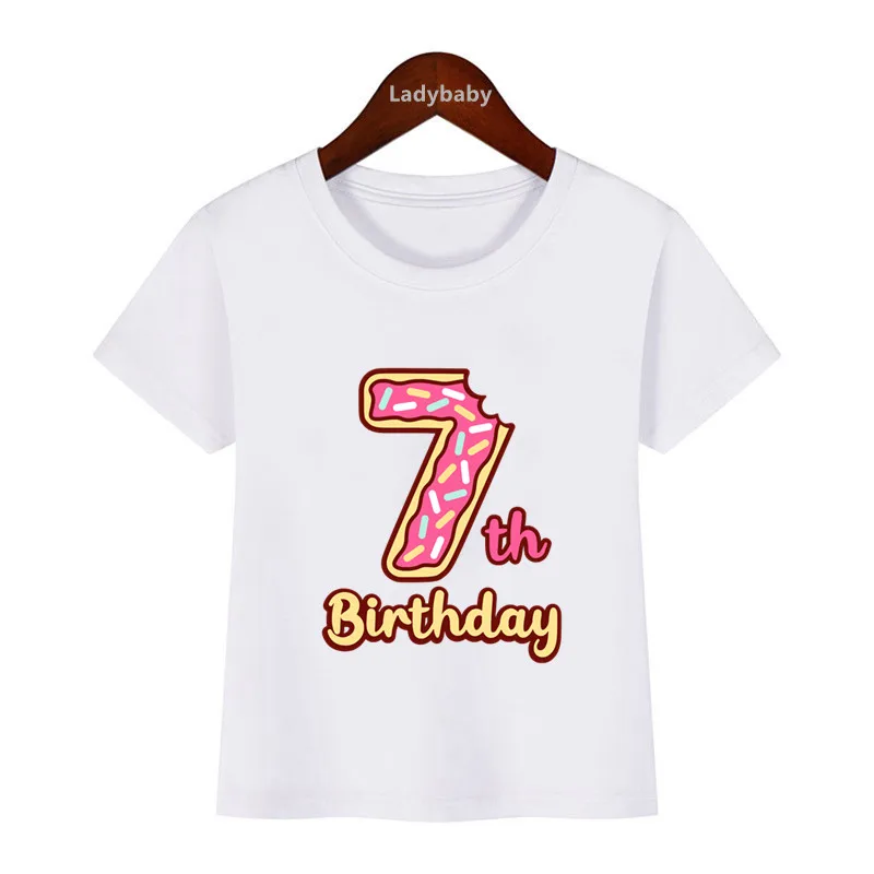 Cute Donuts Happy Birthday Number Bow Kids T shirt 1 2 3 4 5 6 7 8 9 Years Girls Clothes Summer Short Sleeve Baby Boys T-Shirts