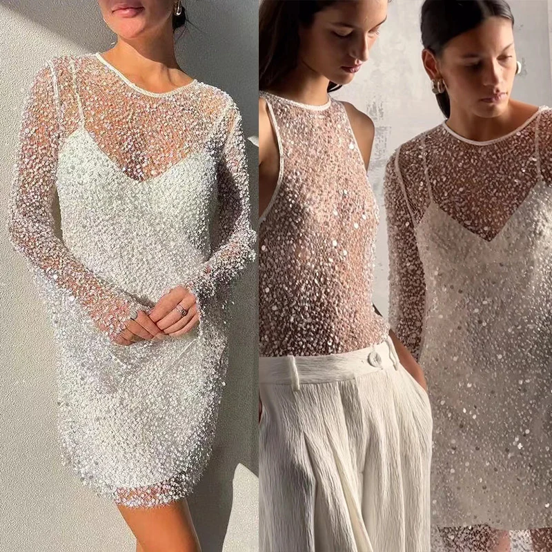 Women Elegant Splicing Solid Versatile Dress Chic O-Neck Sequins Hollow Dress Fashion Suspender Party Temperament Mini Dresses