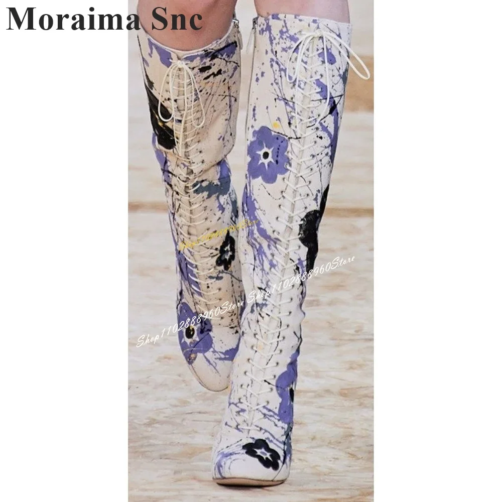 Knee High Mixed Cross Tied Flower Print Boots High Heel Women Shoes Side Zipper Round Toe 2024 Fashionable Zapatos Para Mujere