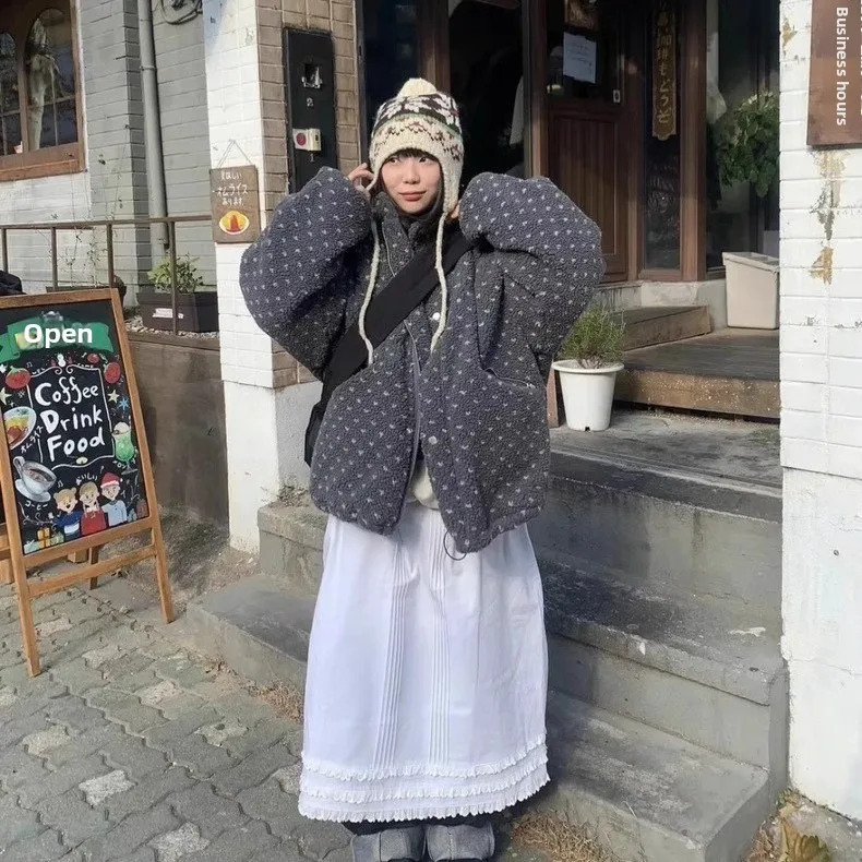 Retro óleo seul zíper coração bolinhas fce leve casaco quente gola senhoras outerwear thiened longo sve casaco