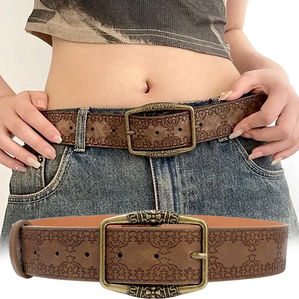 Retro Pattern Print Belts Women Pu Leather Designer Brand Buckle Pin Waist Belt Y2K Vintage All-Match Waistband Accessories