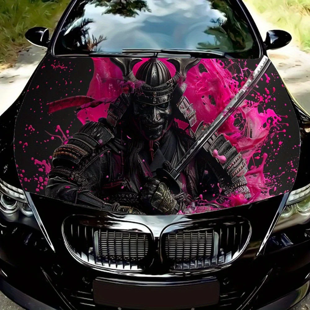 

Pink and Black Battle Soul Blossoms Car Vinyl Wrap, PVC Waterproof Car Hood Vinyl Wraps Sticker, Self-Adhesive Scratch-Resistant