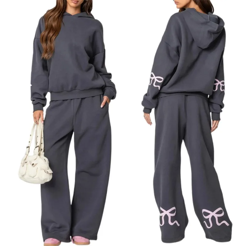 Autumn Winter Loose Outfits Set Bow Print Long Sleeve Hooded Pullover Sweatshirts + Elastic Waist Pants Tracksuit Womens 2Piece