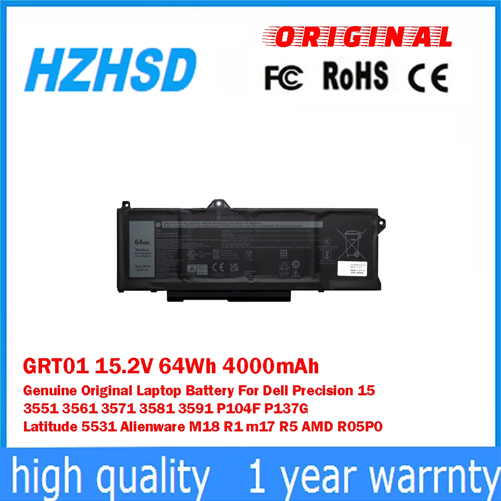

GRT01 15.2V 64Wh 4000mAh Genuine Original Laptop Battery For Dell Precision 15 3551 3561 3571 3591 P104F P137G Latitude 5531