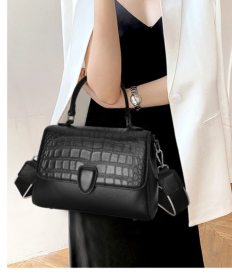 Damenhandtasche aus echtem Rindsleder, Schwarz, Einzelschulter- und Umhängetasche mit Schultergurt, Messenger-Tasche mit Steinmuster – Detail 3