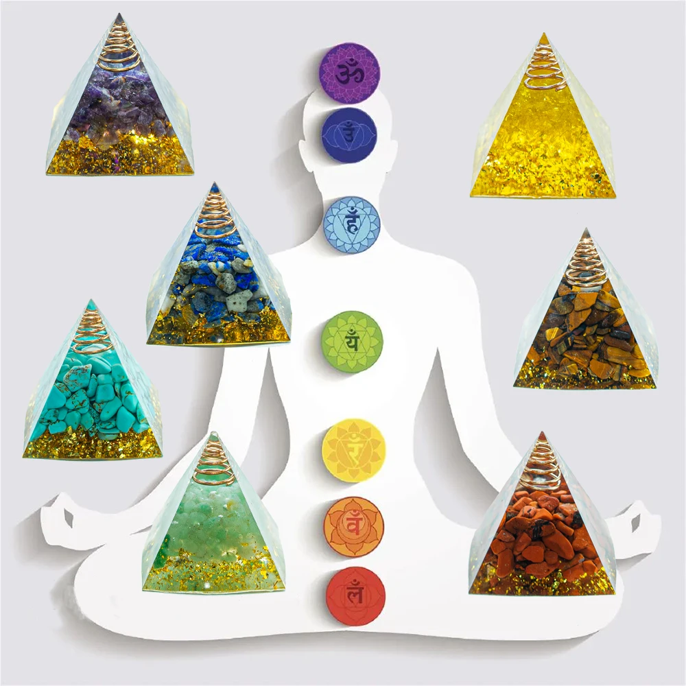 

7pcs Natural Crystal Chakra Pyramid 5cm Amethyst Tiger Eye Stone Chakra Resin Pyramid Meditation Divination Indoor Tabletop