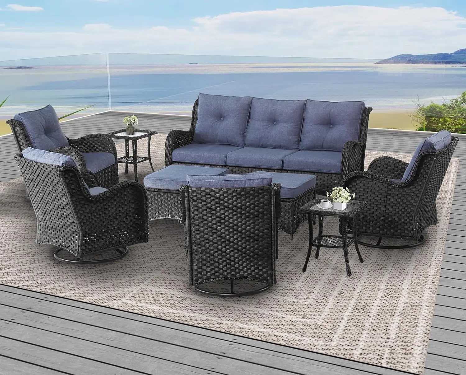 

9 Pieces Outdoor Patio Furniture Set, Rattan Wicker Sectional Swivel Rocker Chairs Sets with Ottomans, Chairs and Table