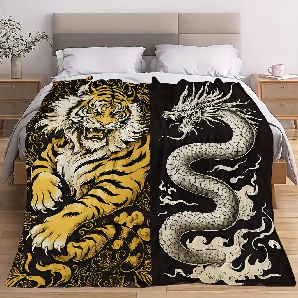 Eastern mythological animals Flannel printed blanket suitable for all seasons suitable for living room office sofa and travel
