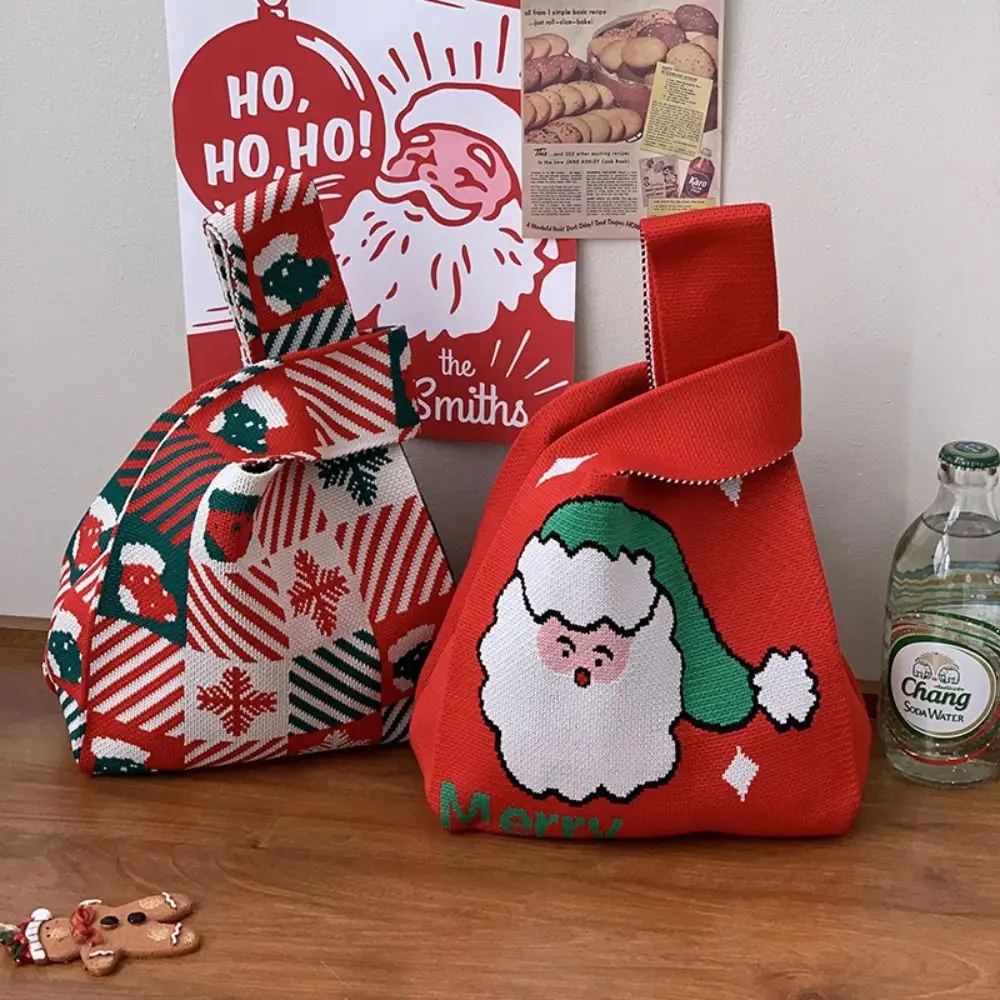 Borsa da polso con nodo regalo di Natale alla moda Borsa a secchiello in lana di Babbo Natale Borsa lavorata a maglia di Natale Borsa per caramelle in tessuto Borsa per studenti