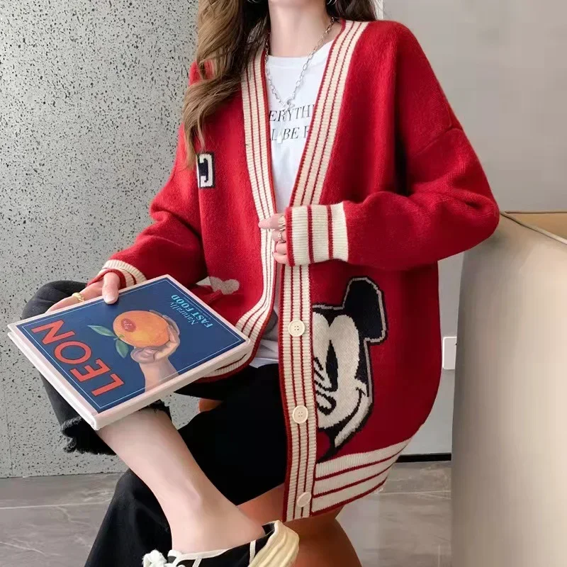 Disney Knitted Cardigan Japanese Mickey Cartoon Sweaters for Women Coat Female Autumn and Winter Loose Wild Thicken Kawaii Tops