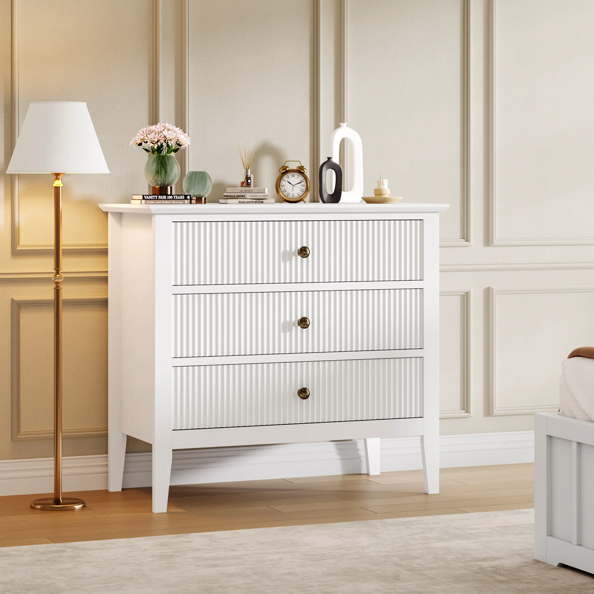 Grand commode à 3 tiroirs rayé – Meuble de rangement moderne en bois avec pieds en métal, système anti-basculement, grande capacité – Idéal pour chambre, salon, entrée – Couleurs au choix