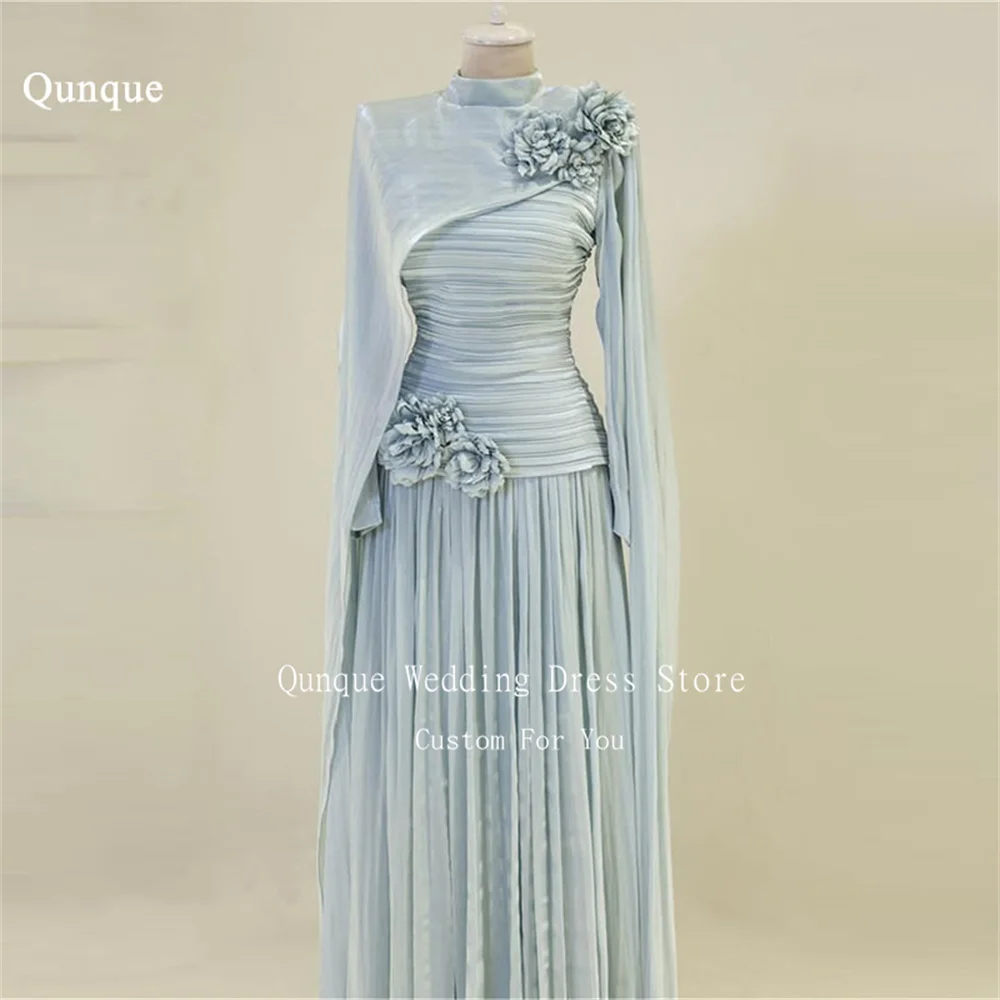 

Qunque Fashion Women's Formal Evening Gowns long Sleeves A line Vestidos De Fiesta Flowers Floor Length Dresses Customized