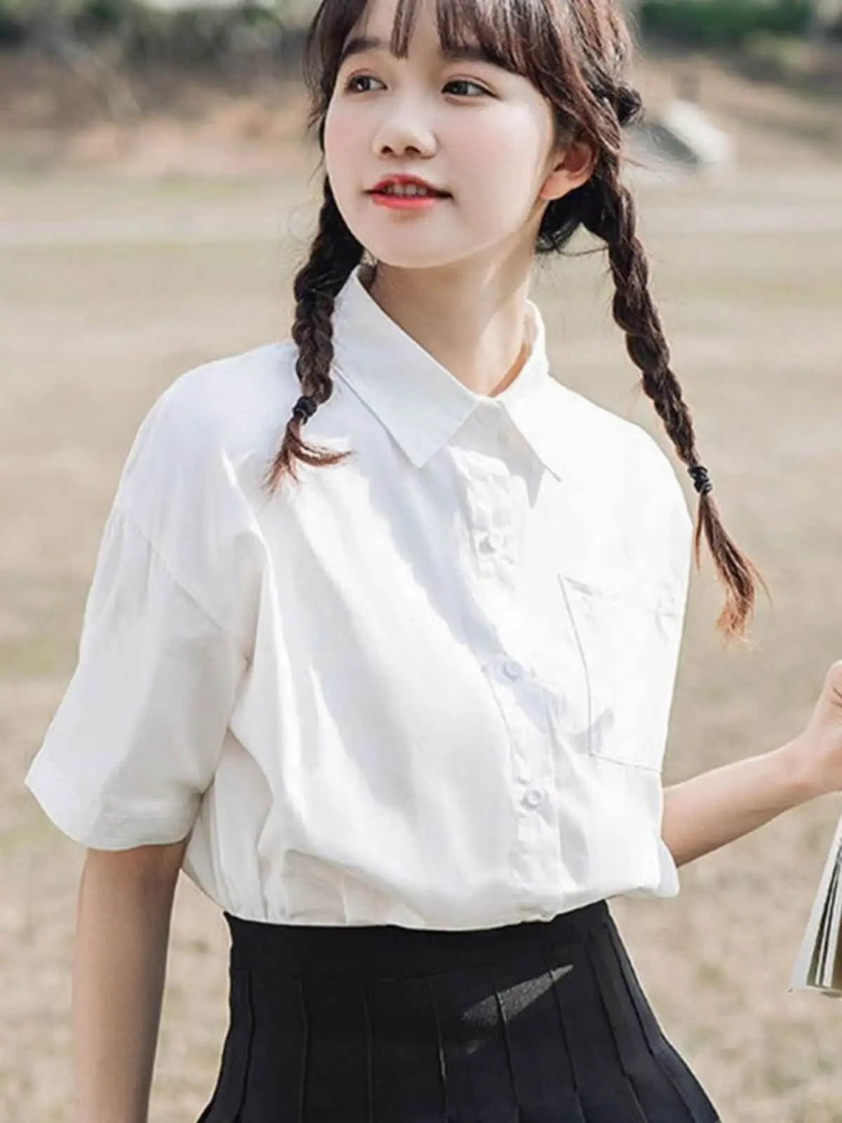 

Summer New Style Japanese White Shirt Women's Short Sleeve Collar Loose Casual Design Sensation College Fashion