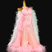 SYL pink pearl chiffon feather boas party dresses ballroom dance dress competition standard dance dress woman competition