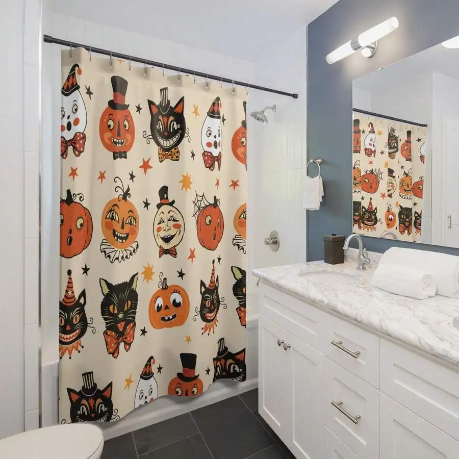 Vintage Halloween Shower Curtain Primitive Folk Art Retro Halloween Decor Autumn Bathroom Black Cat Decor Fall Pumpkin ShowercurtainBack To School,Halloween,Halloween Decor,Gift