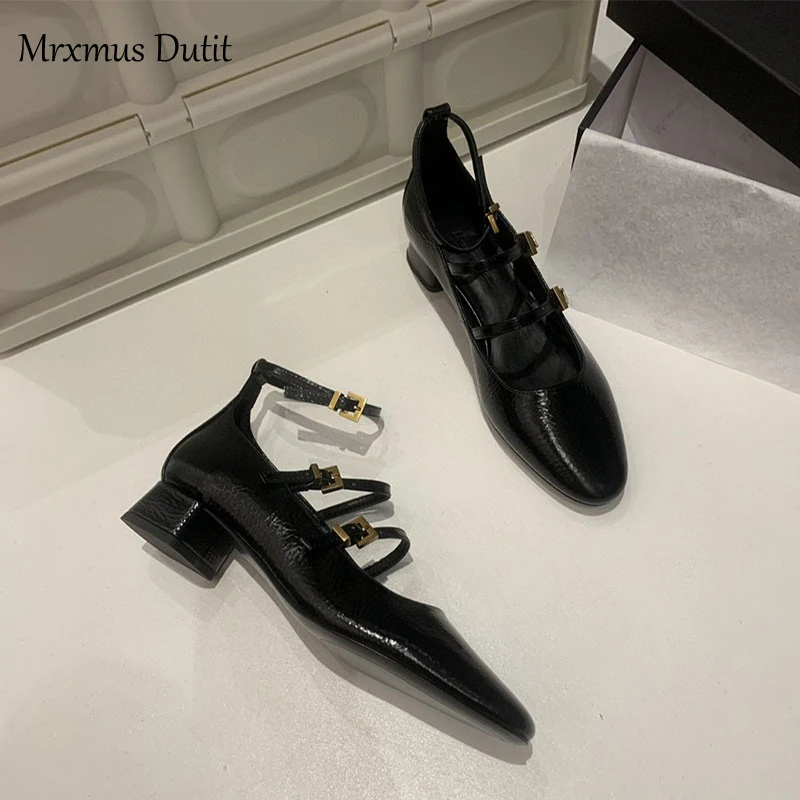 Mrxmus Dutit 2023 New Spring Summer Fashion Genuine Leather Mary Jane Rough Heel Sandals Women Simple Ballet Shoes Female Chic