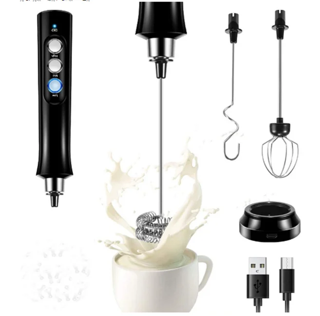 Electric 3 Speeds Adjustable Milk Foam Frother USB Rechargeable Handheld 3 Heads Egg Beater Multifunctional Coffee Tools