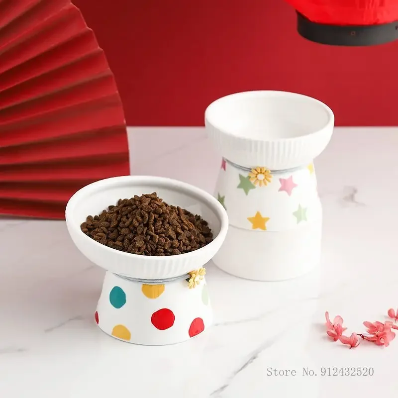 Creative Ceramic Anti-Overturning Bowl Protection Cervical Spine High Feet Cute Cartoon Drinking Water Pet Dog Cat Food Bowl 1Pc
