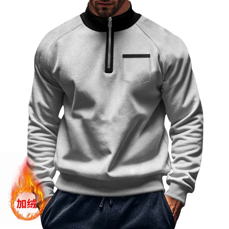 Novo velo quente meio zíper hoodies outono inverno gola esportes moletom retalhos bolso casual solto pullovers