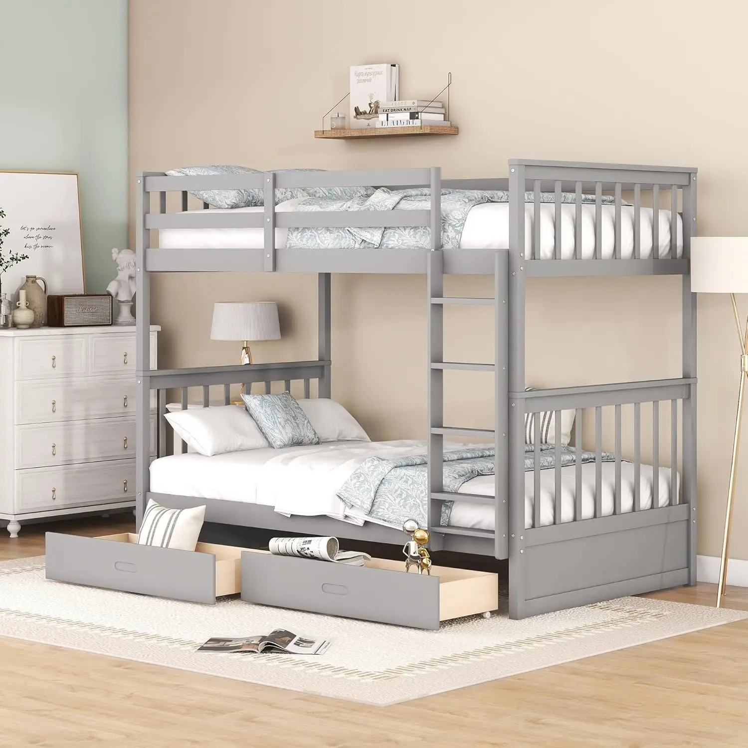 Wood Bunk Bed with Drawers,Convertible Wood Bunk Bed with Ladders and Two Storage Drawers,Solid Wood Detachable Bunk Bed