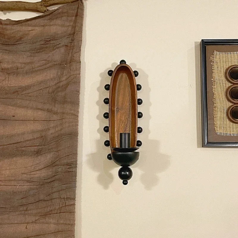Vintage Wooden Wall Candle Holder Wabi Sabi Solid Timber Hanging Ornament Living Room Rustic Niche Pendant Unique Home Decor Art