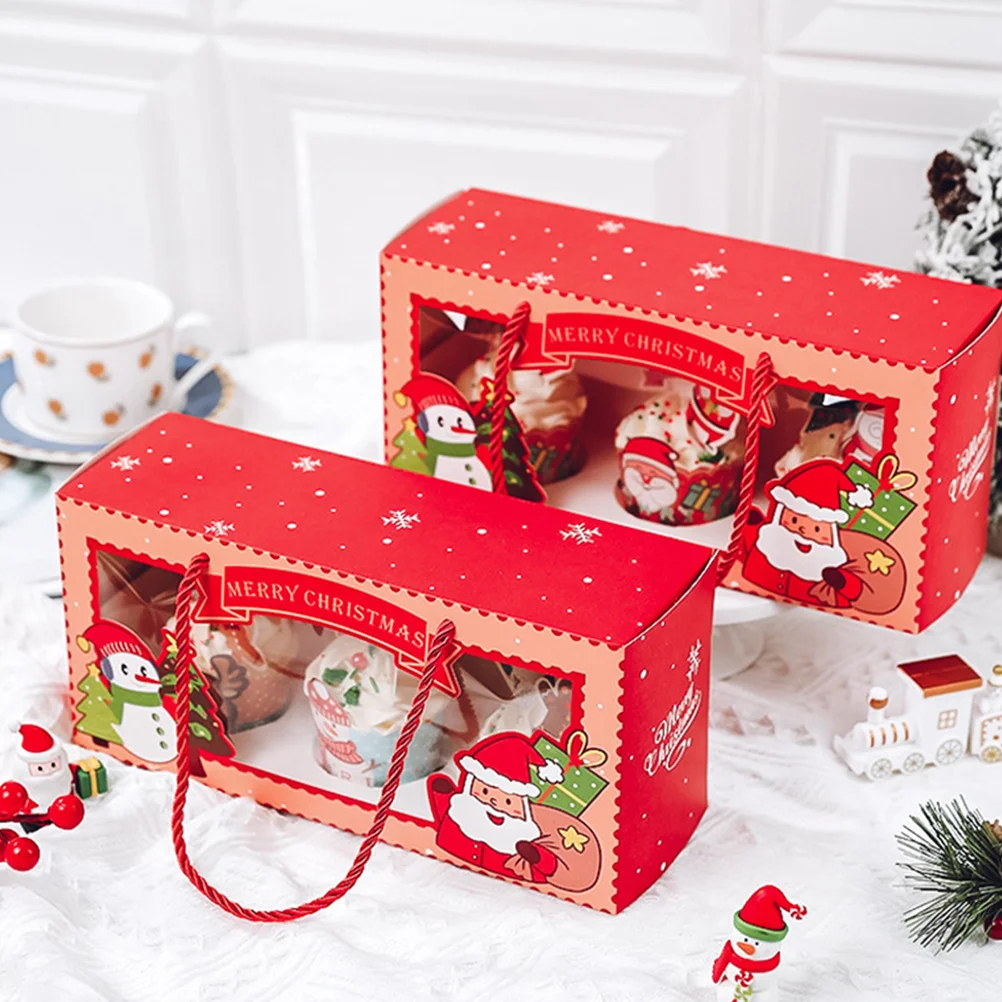 

2Pcs Christmas Cupcake Boxes Mini Cake Holder 3-Insert Transparent Window Xmas Dessert Carrier Bakery Packing Boxes