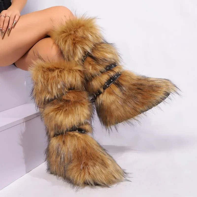 Y2K Grommet PU Leather Belt Fluffy Faux Fur Women's Bootos 2024 Winter Fashion Warm Platform Knee High Snow Boots Fuzzy Shoes