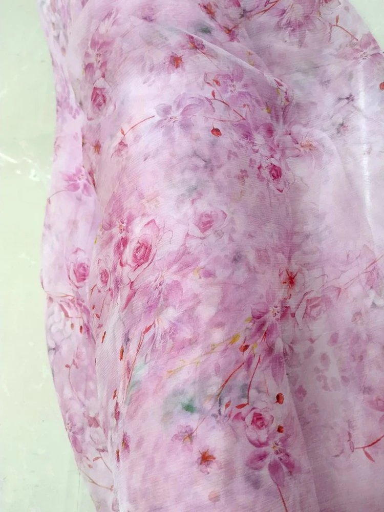 Real 100% pure mulberry silk chiffon fabric pleat pink floral print designer tulle fabrics sewing supplies summer dress handmade