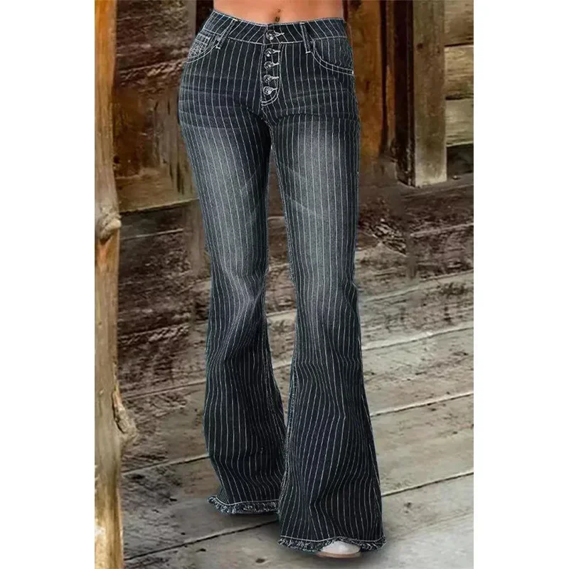 Stripe Jeans Women Mid Waist Flare Pants Ladies Trousers Female Casual Slim  Summer Button High Strecth Elegant Office Lady