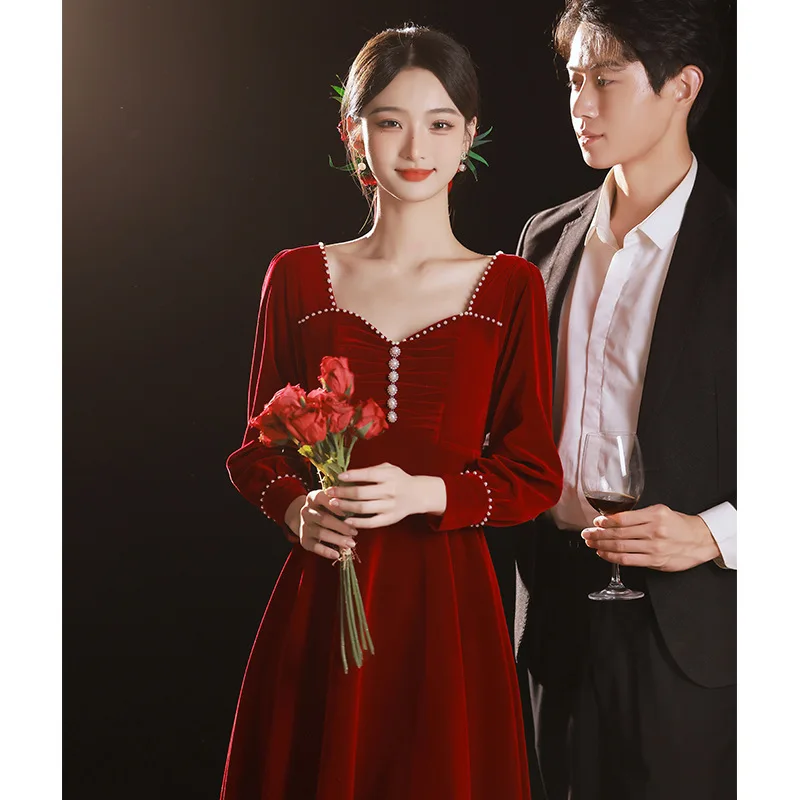 Burgundy Phoenix เย็บปักถักร้อยลูกปัดแมนดารินคอกลับซิป A-Line ชุดราตรีเจ้าสาวแต่งงาน Tulle ชุด Vestidos