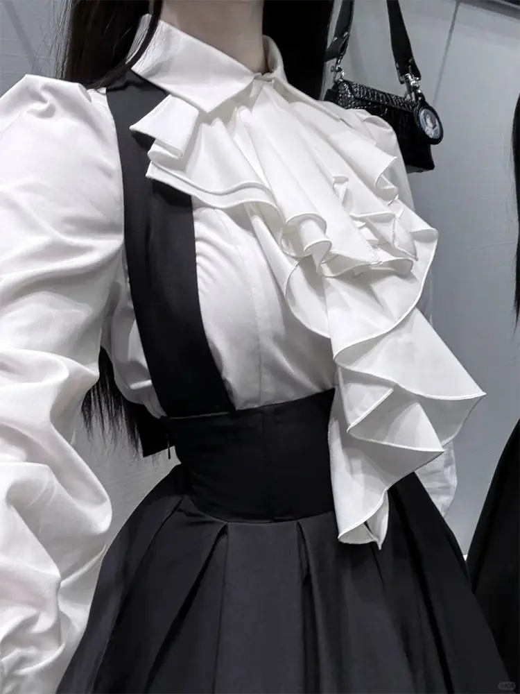 

Aesthetic Gothic Lolita 2 Piece Sets Women Design Long Sleeve White Shirt + Mid-length Strap Skirt Harajuku Y2k Chic Clothes New