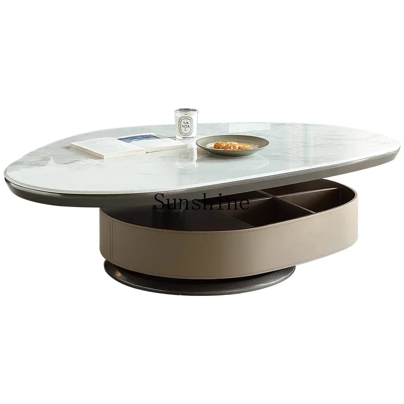 Modern small apartment creative light luxury saddle leather drawer storage special-shaped rotating coffee table