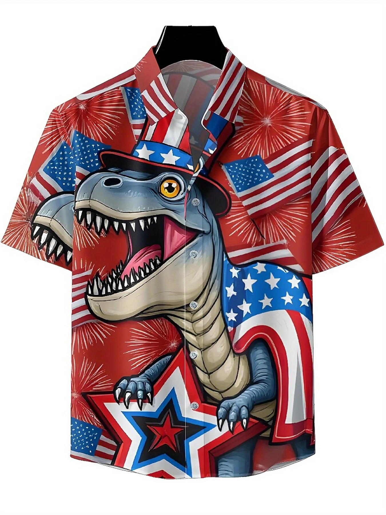 Men's Plus Size Hawaiian Shirts Independence Day Dinosaur Pattern,Unisex Baggy Aloha Shirts,Alternative Clothing