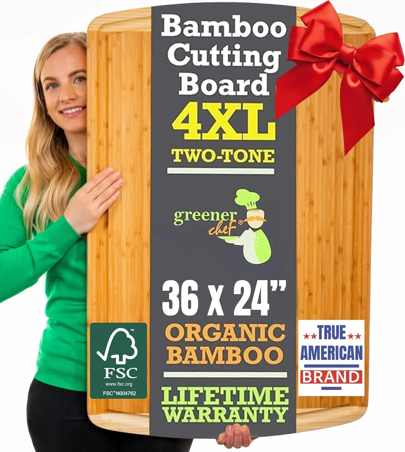 

36x24 Inch Extra Large Bamboo Cutting Board with Lifetime Replacement – 4XL Butcher Block, Stovetop Cover, Charcuterie Board