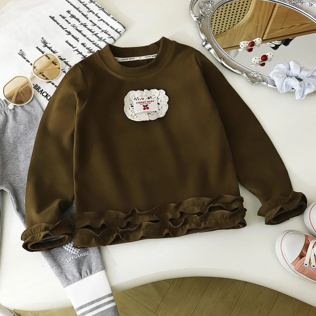 Autumn Girls Basic Top Sweet O-Neck Ruffle Long Sleeves Children Clothing Solid Lace Cherry Patch Kids Girls T-Shirt for 1-6Y
