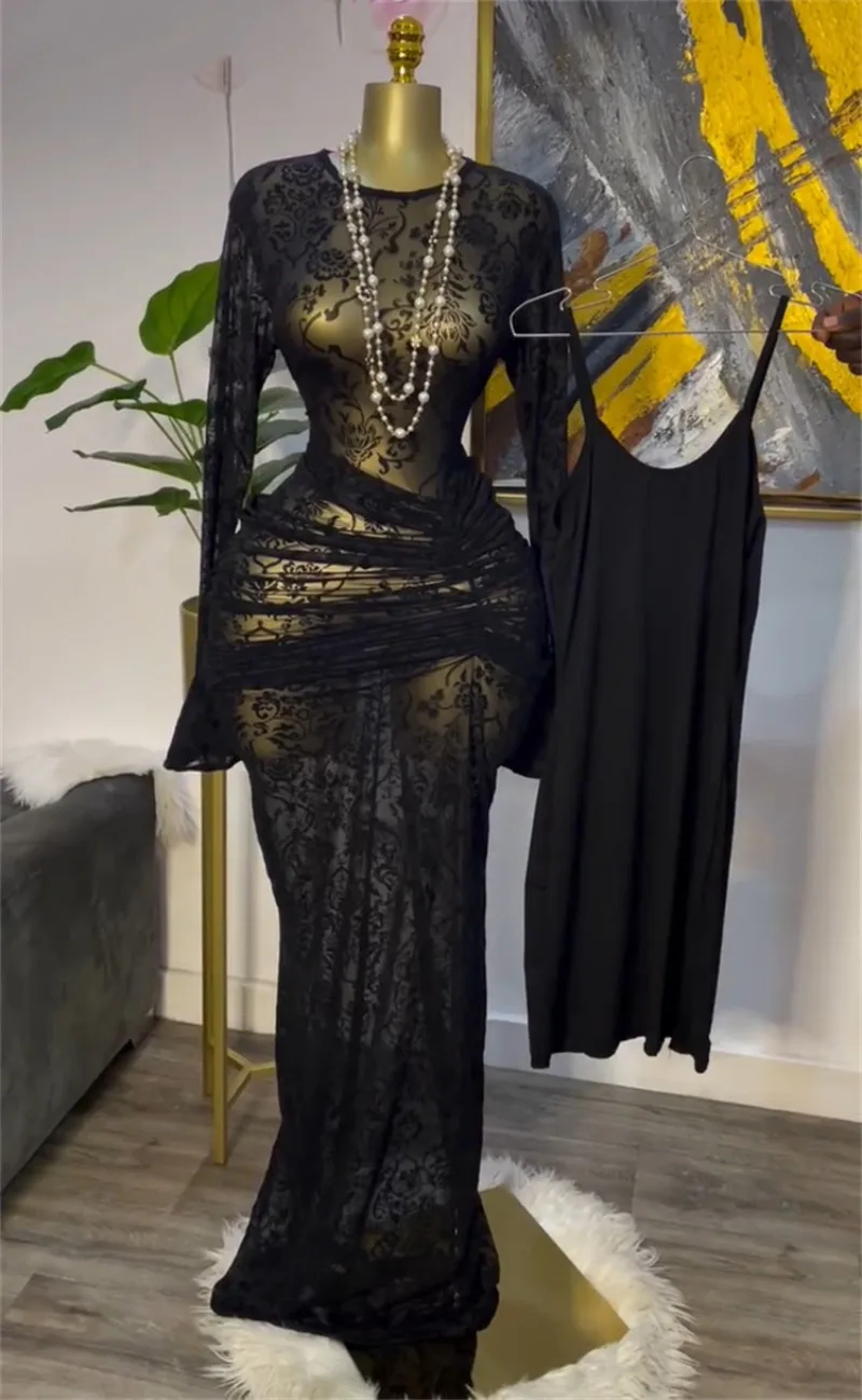 Abito da festa maxi aderente con volant in rete trasparente con stampa floreale + abiti con camicette Abito da sera sexy a maniche lunghe svasato con scollo a O