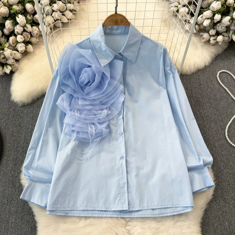 OCEANLOVE 3D Flower Shirts&blouses Women Tops Solid Korean Fashion Vintage Spring Blusas Mujer Ruffles Elegant Sweet Camisas