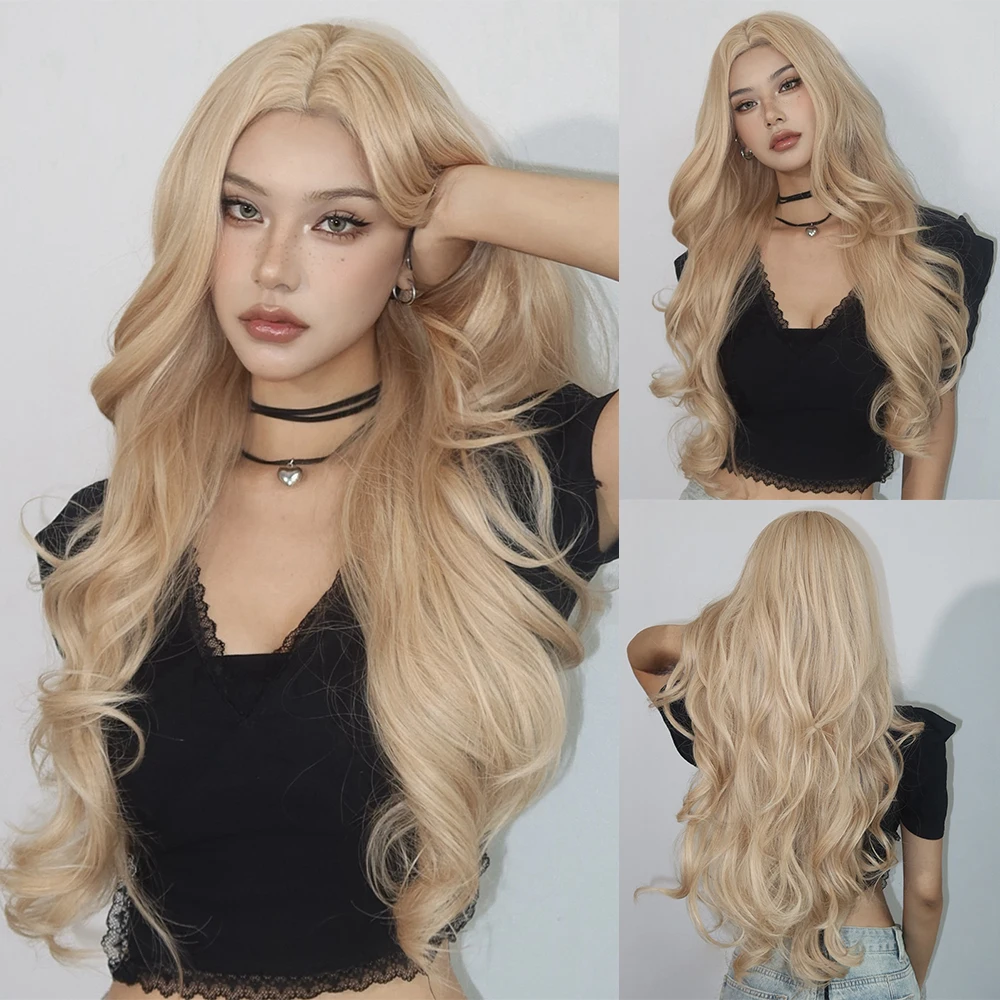 Long Body Wave Blonde Wigs Transparent Lace Frontal Synthetic Wig Middle Part Hair Light Golden Wig for White Women Dairly Party