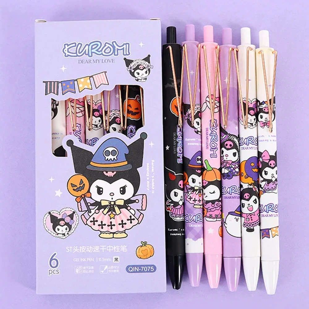 MINISO Sanrio Gel Pen 6pcs Kawaii Hello Kitty Strawberry Cinnamoroll Kuromi Melody Student Stationery Write Pens 0.5 Black Pen