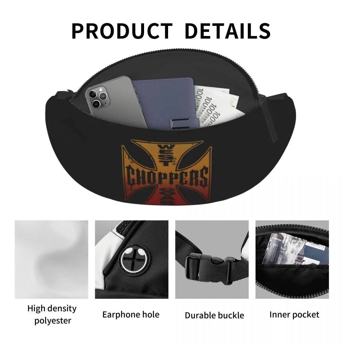 Gepersonaliseerde Westkust Chopper Iron Cross 2 Fanny Pack Voor Mannen Vrouwen Cool Crossbody Heuptas Reizen Telefoon Geld Pouch