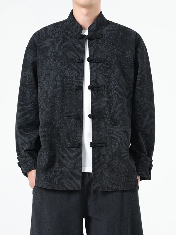 

Retro Chinese Sle Men's Casual Jaet Spring Autumn Loose Fit Long Sve Stand Collar Button up Hanfu Inspired Outerwear