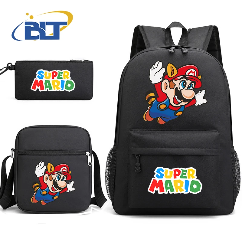 Conjunto de bolsa escolar masculina estampada MINISO Mario, mochila infantil, bolsa de ombro, estojo de lápis, conjunto de 3 peças