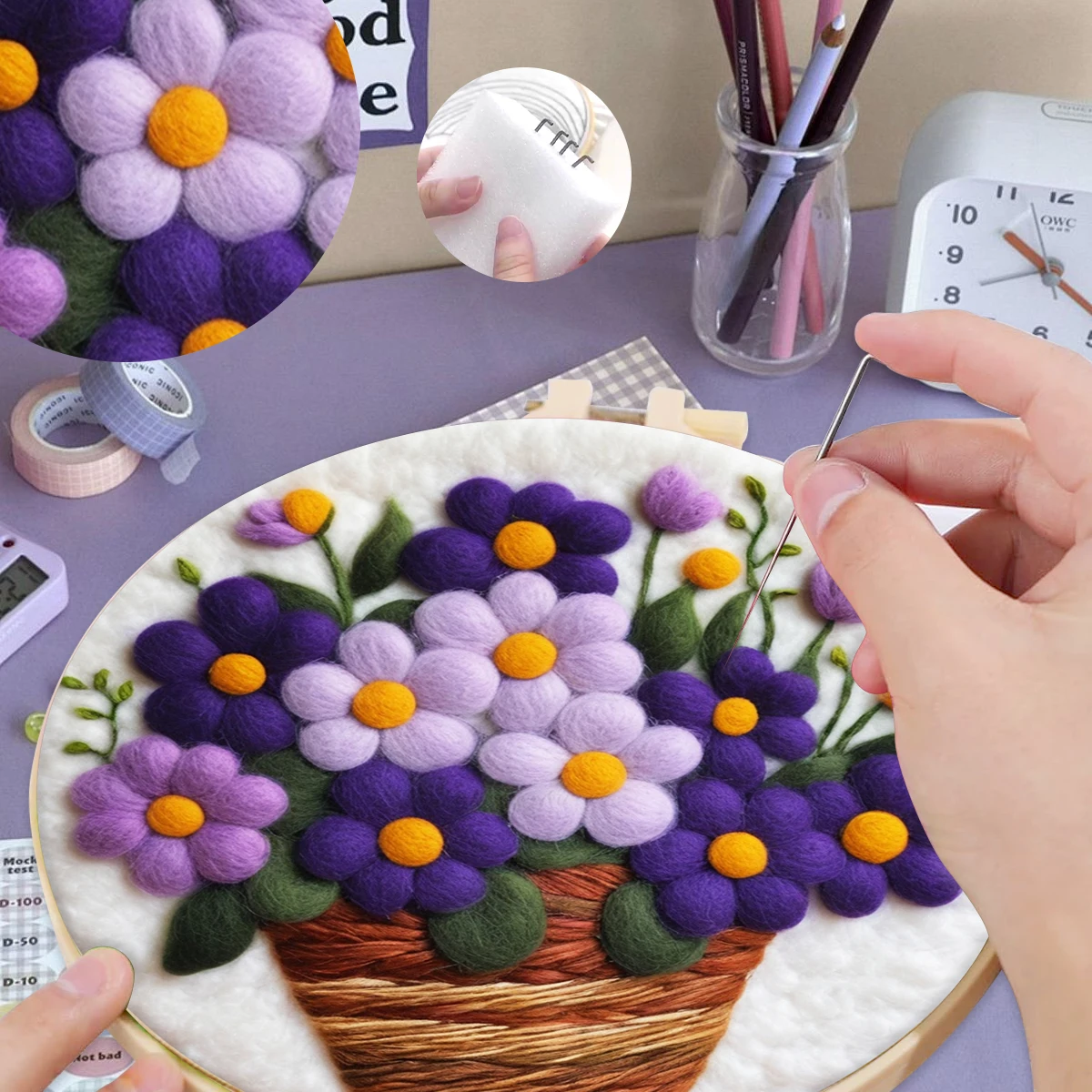 

SDOYUNO Wool Felt Package Beginners Painting With Embroidery Frame Felt Tool Instruction Included Diy Set For Handicraft flowers