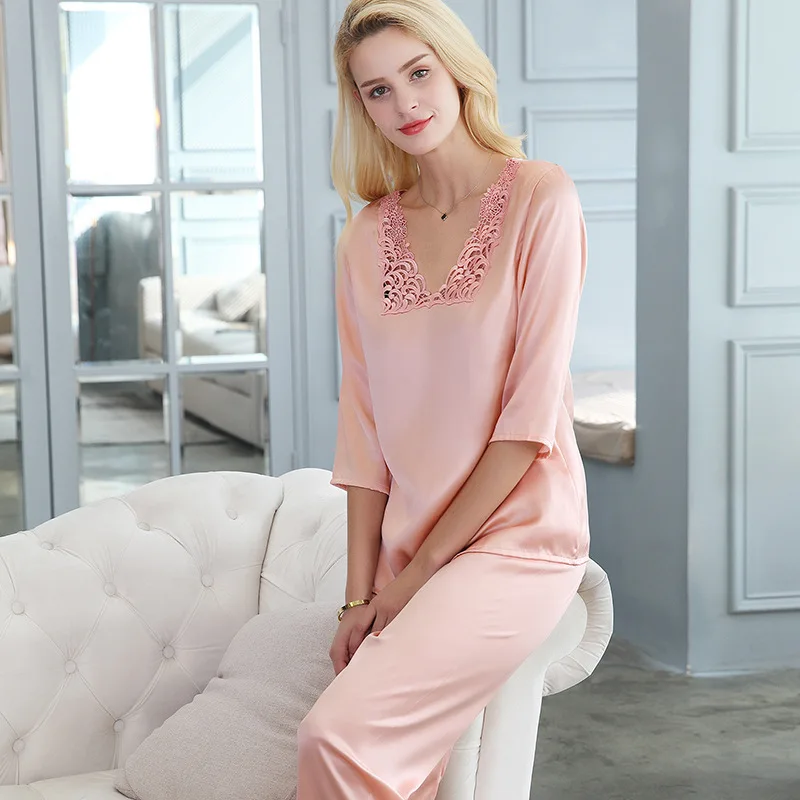 Women's Summer Two-Piece Set of 100% Mulberry Silk Pajamas, Split Design Seven Quarter Sleeves Spring Autumn Loungewear