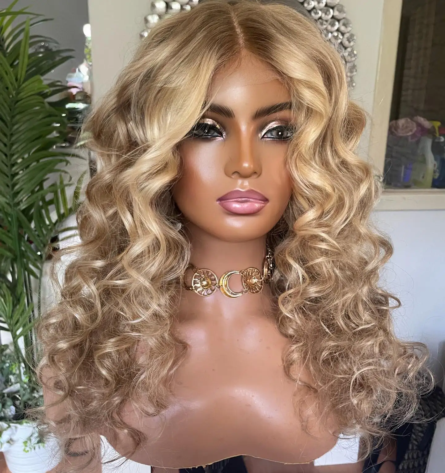 Rooted Golden Blonde Deep Water Wave Wig Heat Resistant Natural Voluminous Spiral Curly Soft Synthetic HD Lace For Daily Party