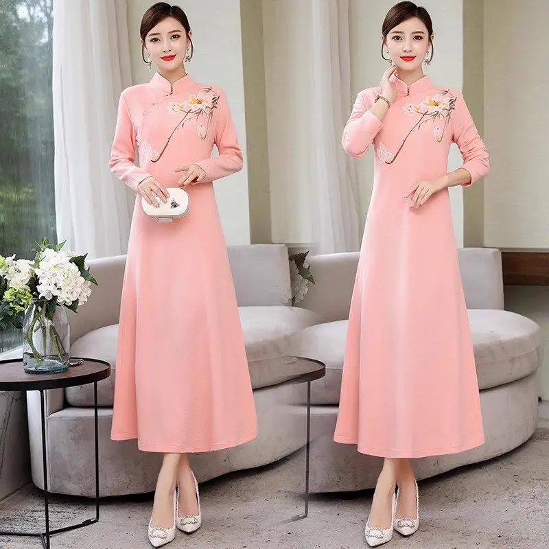 Chinese Style Dress 2023 Autumn/Winter Fashion Style Vintage Print Knitted Improved Qipao Dress Elegant Women Cheongsam Z3437